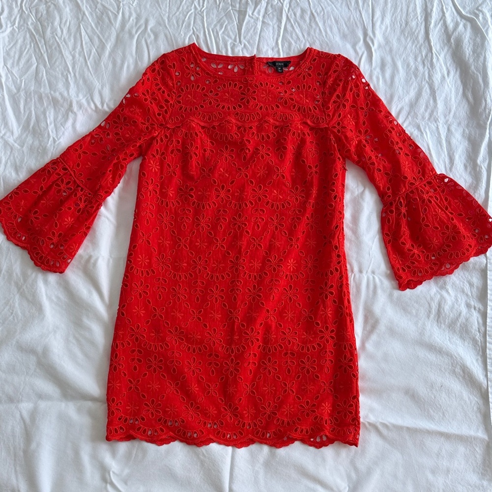 J. Crew Vibrant Red/Tangerine Eyelet Shift Dress with Flared Sleeves
